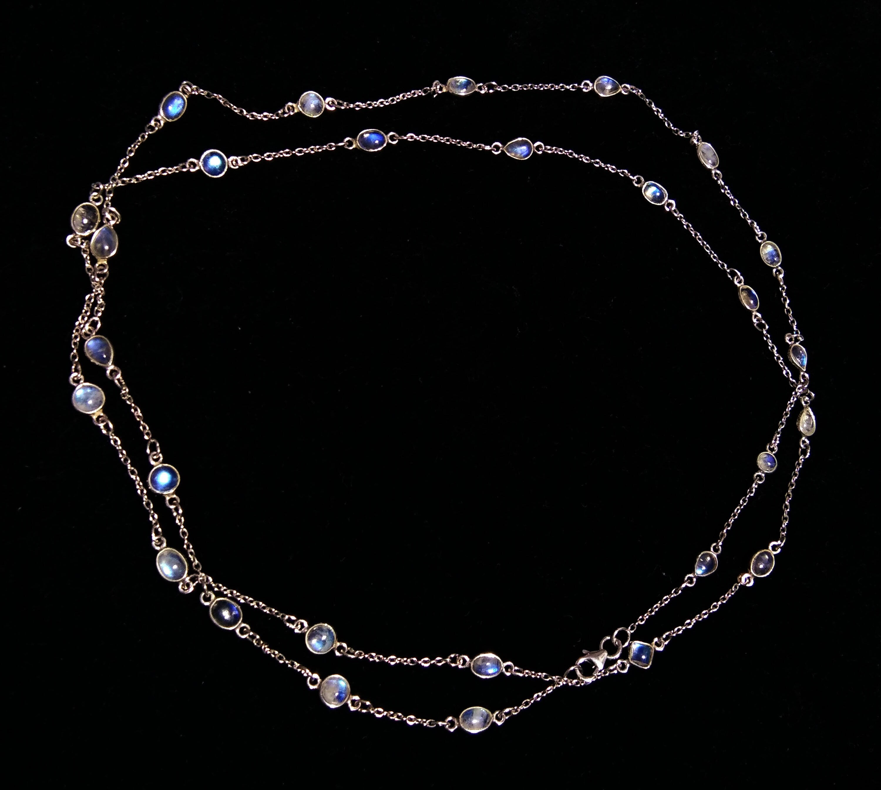 Natural Rainbow Moonstone Blue Fire Stone Chain Necklace, 925 Starling Silver Chain 44''Inches Adjuster Beaded Chain Necklace Jewelry Making